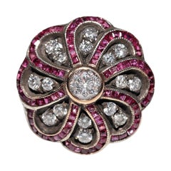 Bague ancienne datant des années 1900, or 14 carats, argent, diamant naturel et rubis calibré