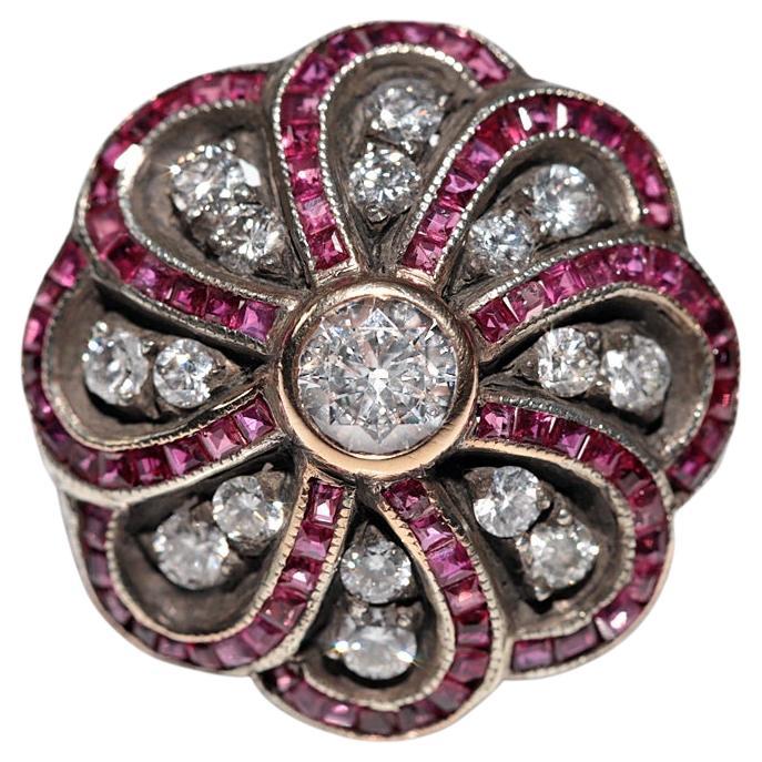 Antique Circa 1900s 14k Gold Top Silver Natural Diamond And Caliber Ruby Ring