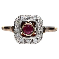 Antique Circa 1900s 14k Gold Top Silver Natural Diamond And Ruby Decorated Ring