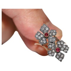 Antique Circa 1900s 14k Gold Top Silver Natural Diamond And Ruby Flowers Ring