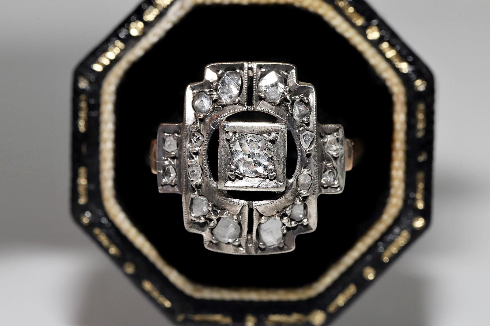 Antique Circa 1900s 14k Gold Top Silver Natural Diamond Decorated Ring For Sale 11
