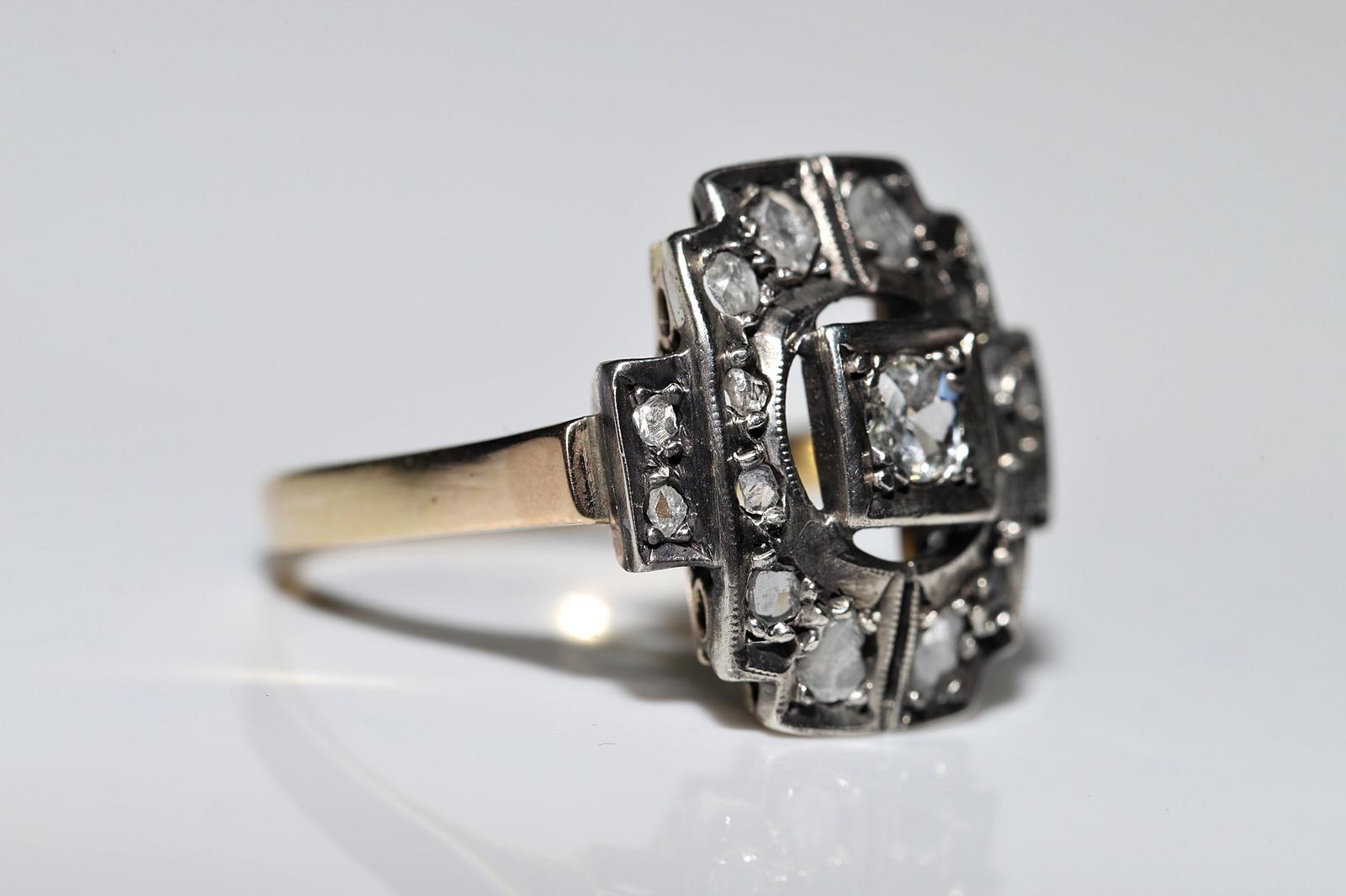 Rose Cut Antique Circa 1900s 14k Gold Top Silver Natural Diamond Decorated Ring For Sale