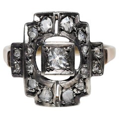 Anillo Antiguo Circa 1900s Oro 14k Plata Superior Decorado con Diamantes Naturales