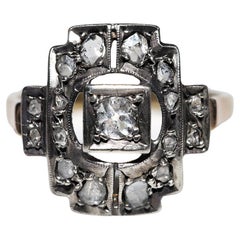 Anillo Antiguo Circa 1900s Oro 14k Plata Superior Decorado con Diamantes Naturales