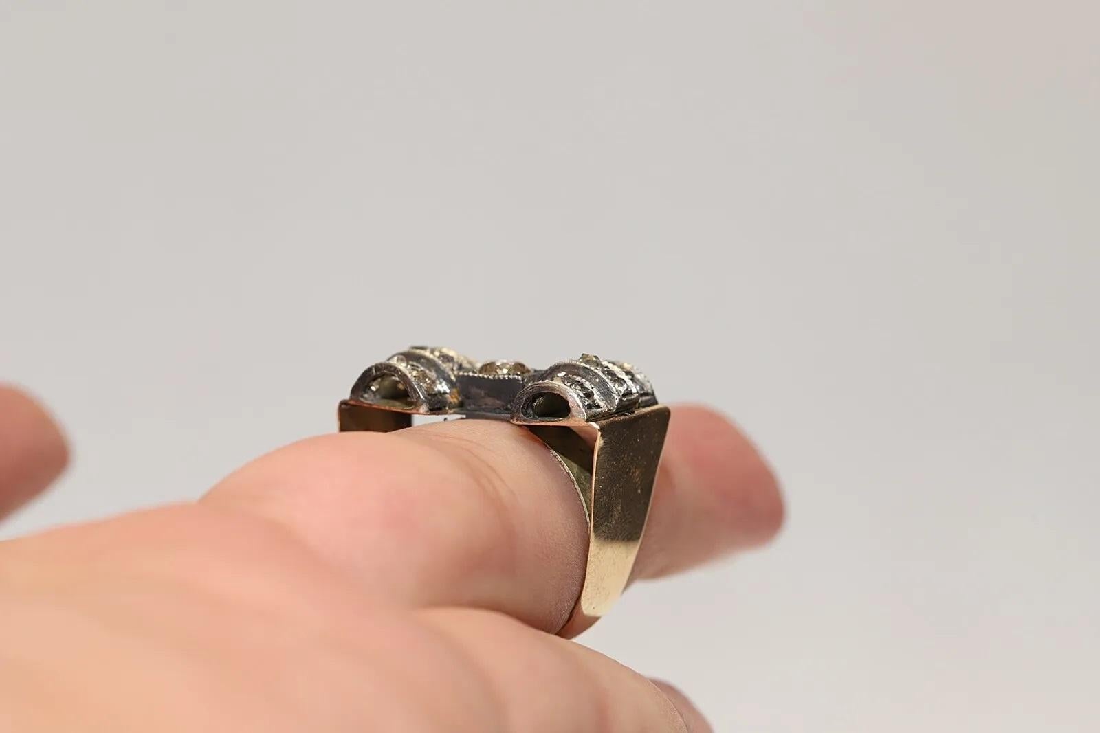 Antique Circa 1900s 14k Gold Top Silver Natural Diamond Decorated Tank Ring  4