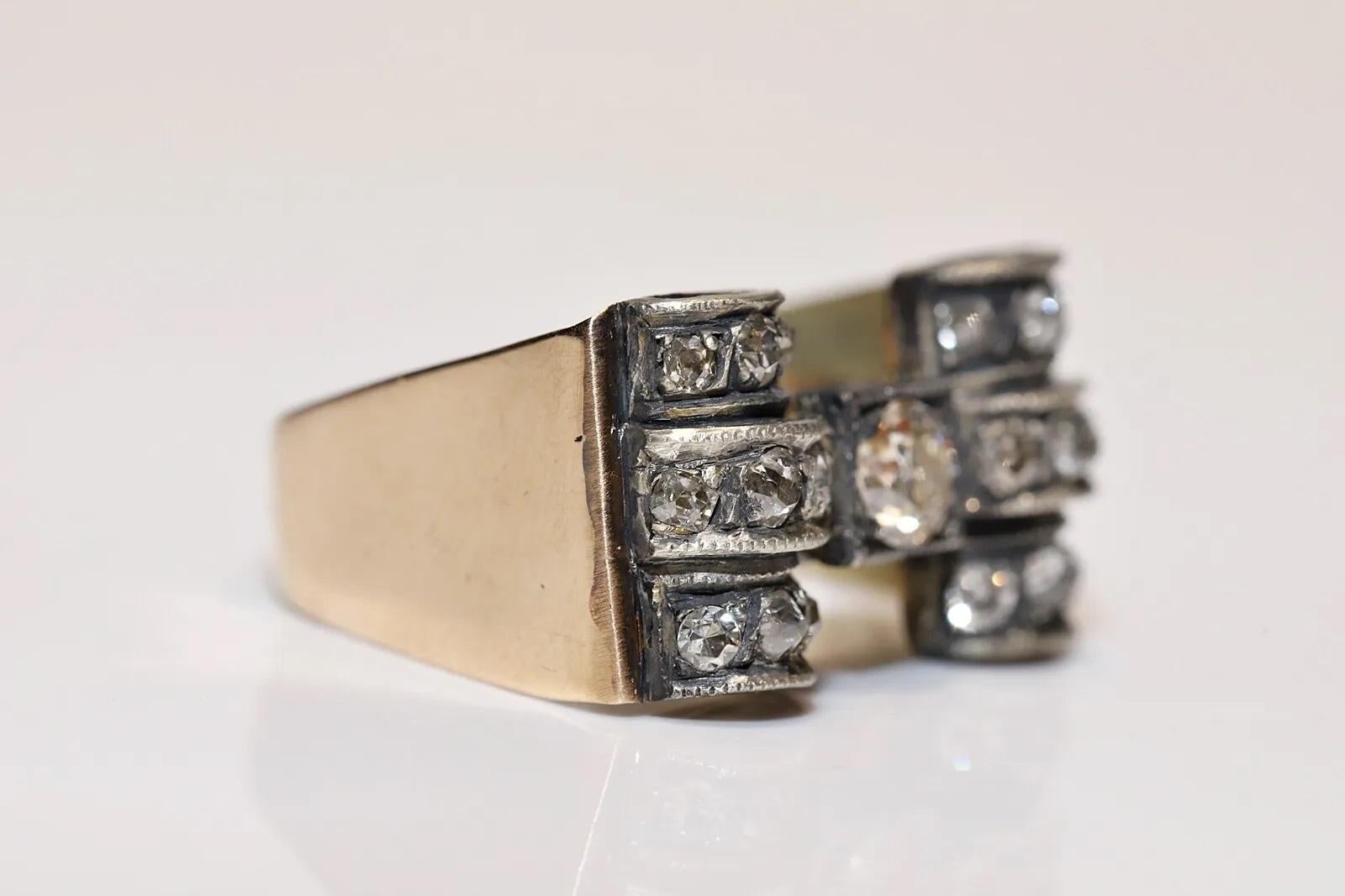 Women's Antique Circa 1900s 14k Gold Top Silver Natural Diamond Decorated Tank Ring 
