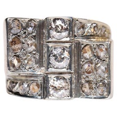 Antique Circa 1900s 14k Gold Top Silver Natural Diamond Decorated Tank Ring