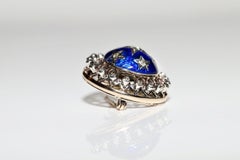 Antique Circa 1900s 14k Gold Top Silver Natural Diamond Enamel Decorated Brooch