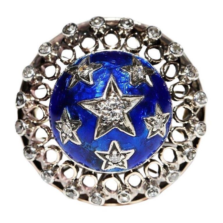Antique Circa 1900s 14k Gold Top Silver Natural Diamond Enamel Decorated Brooch (Broche décorée de diamants naturels)