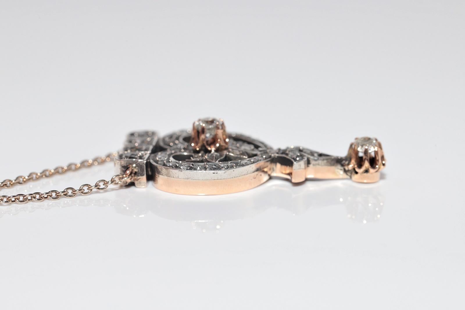 Antike CIRCA 1900s 14k Gold Top Silber natürlichen Diamant-Anhänger Halskette im Angebot 4