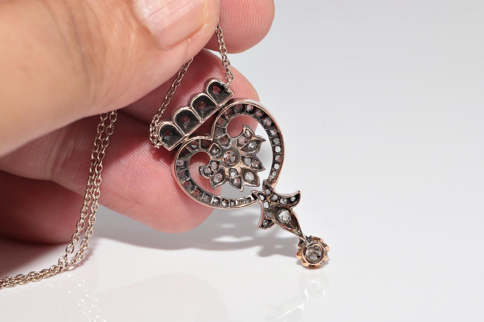 Collana con ciondolo in oro 14k e argento con diamanti naturali, antica, del 1900 circa. in vendita 5
