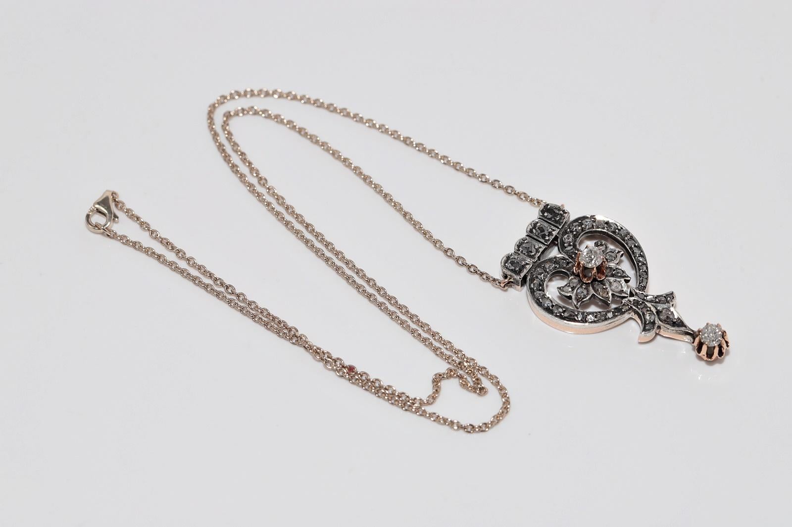 Collana con ciondolo in oro 14k e argento con diamanti naturali, antica, del 1900 circa. in vendita 8