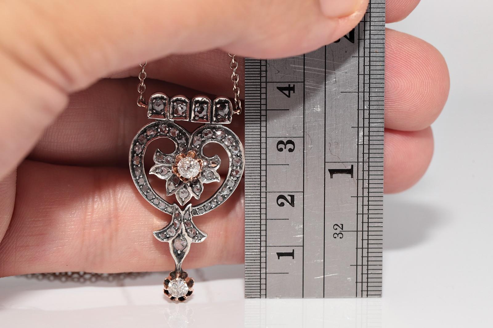 Collana con ciondolo in oro 14k e argento con diamanti naturali, antica, del 1900 circa. in vendita 9