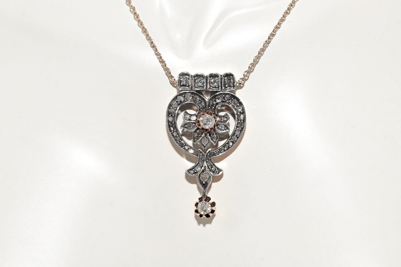 Collana con ciondolo in oro 14k e argento con diamanti naturali, antica, del 1900 circa. In condizioni buone in vendita a Fatih/İstanbul, 34