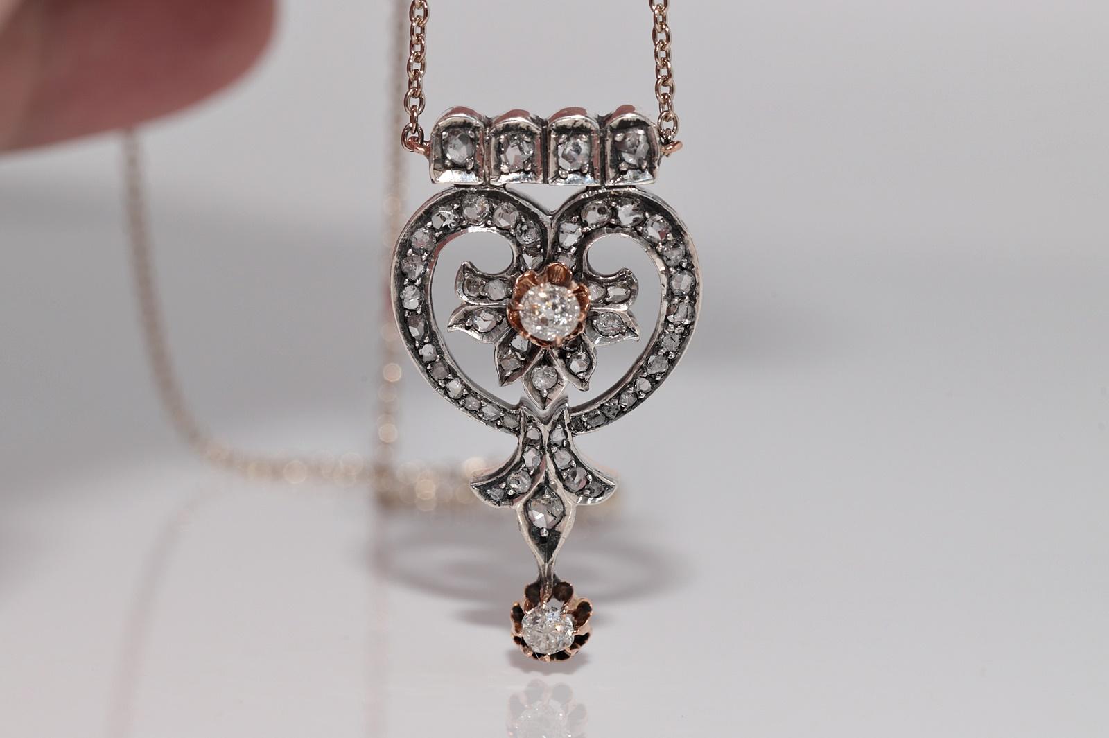 Antike CIRCA 1900s 14k Gold Top Silber natürlichen Diamant-Anhänger Halskette Damen im Angebot