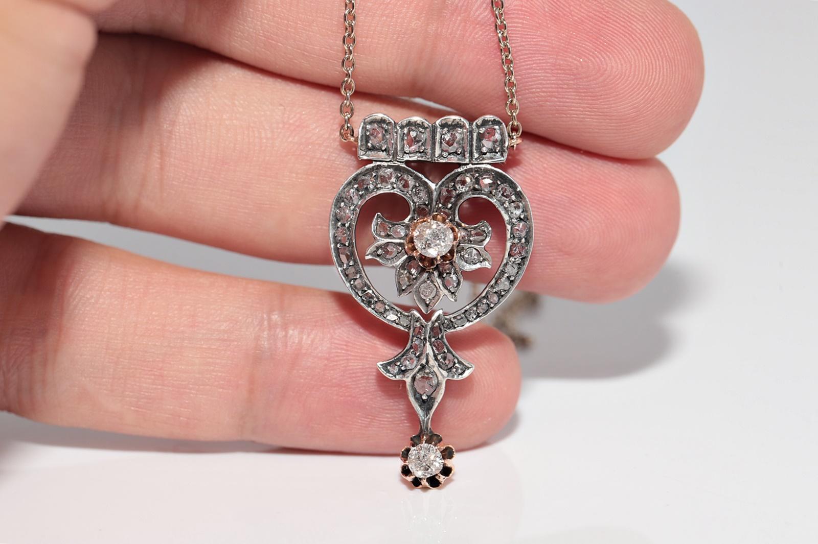 Collana con ciondolo in oro 14k e argento con diamanti naturali, antica, del 1900 circa. in vendita 1