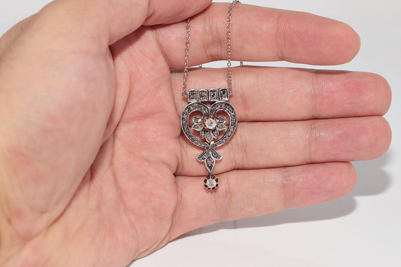 Collana con ciondolo in oro 14k e argento con diamanti naturali, antica, del 1900 circa. in vendita 2