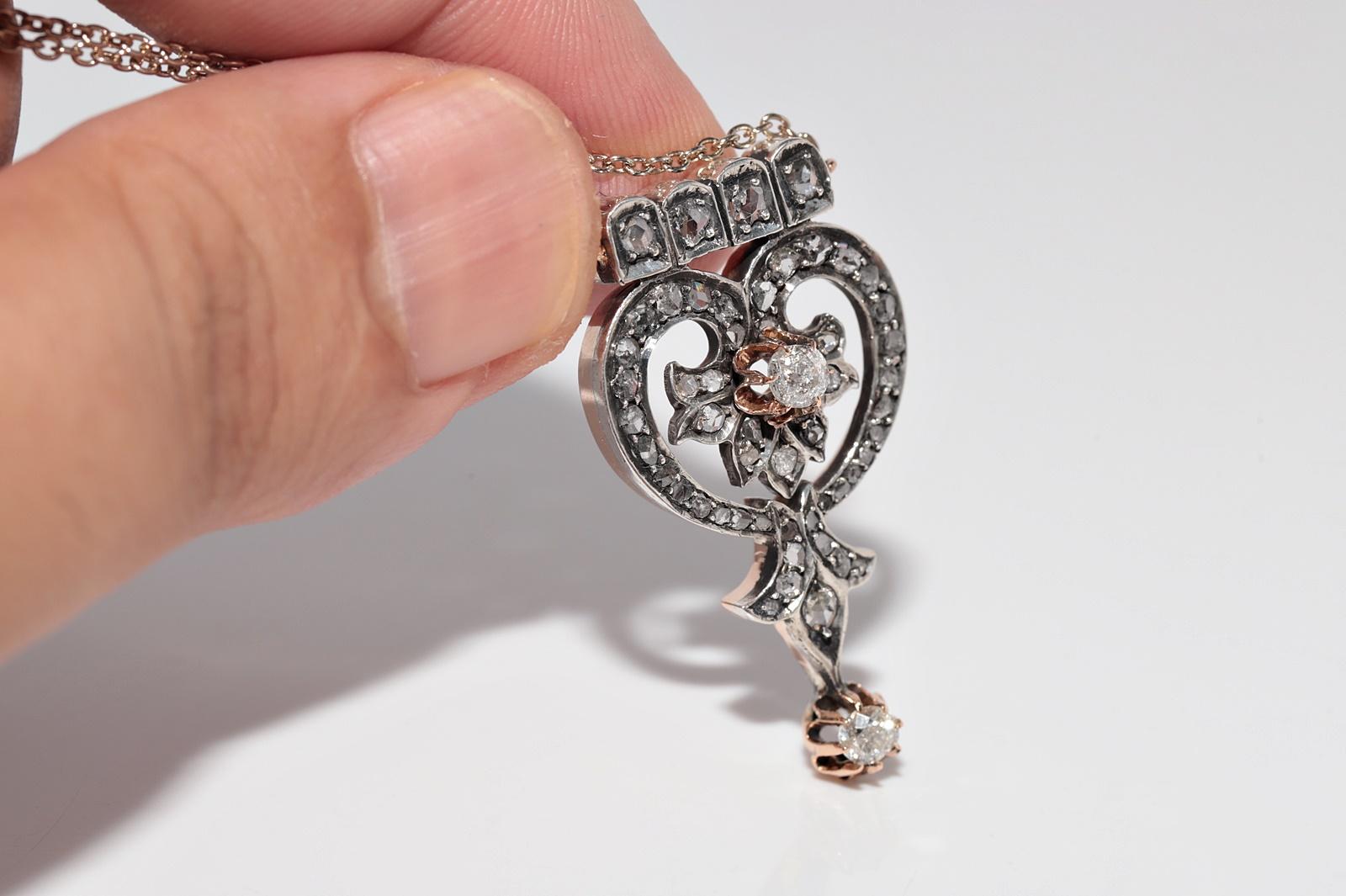 Collana con ciondolo in oro 14k e argento con diamanti naturali, antica, del 1900 circa. in vendita 3