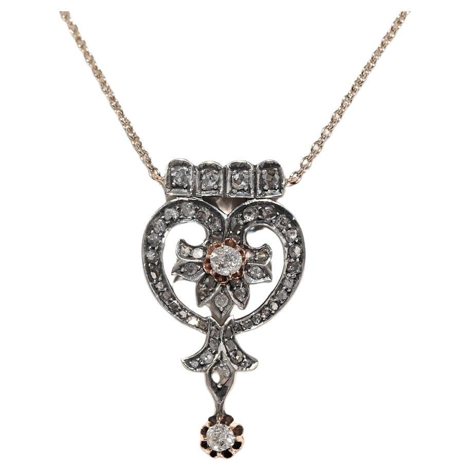 Collana con ciondolo in oro 14k e argento con diamanti naturali, antica, del 1900 circa.