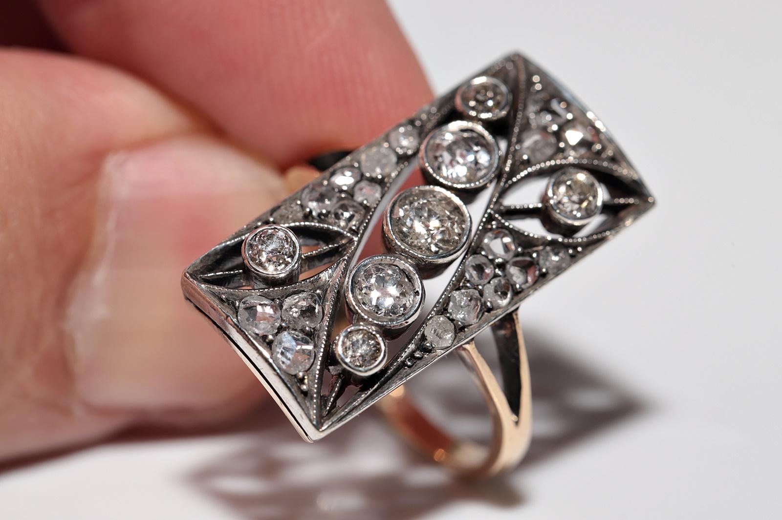 Antico anello in stile rettangolo con diamante naturale, in oro 14k e argento, del 1900 circa in vendita 5