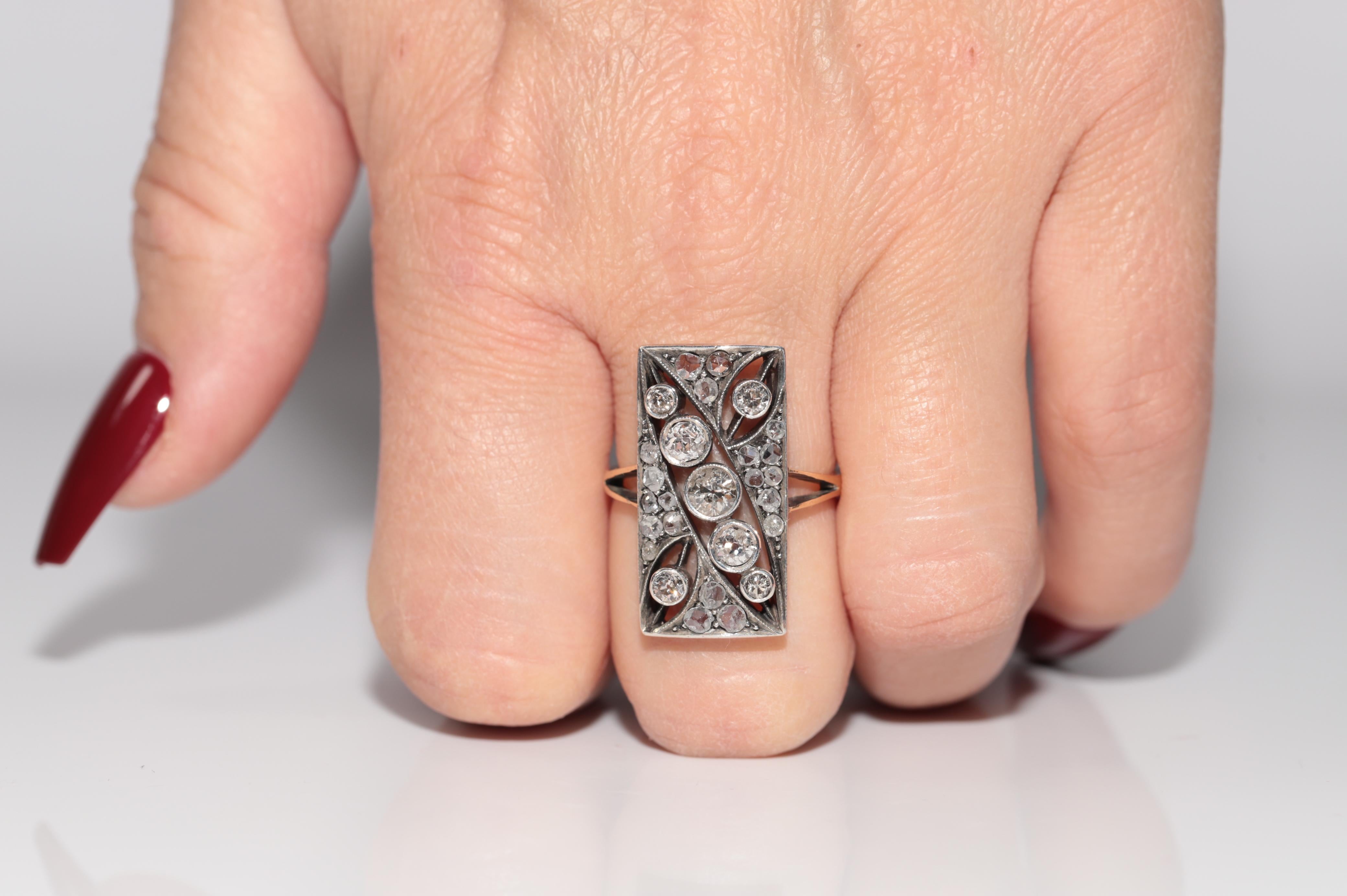 Antico anello in stile rettangolo con diamante naturale, in oro 14k e argento, del 1900 circa in vendita 8