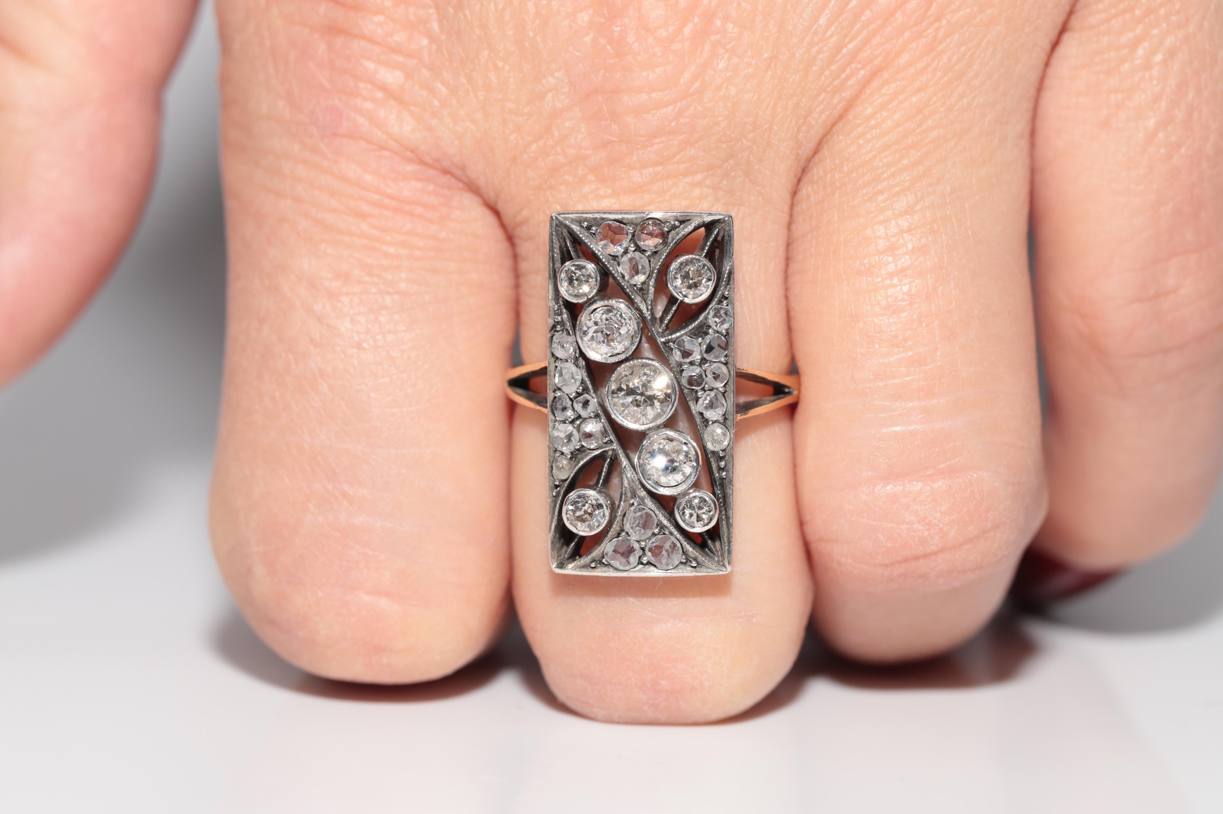Antico anello in stile rettangolo con diamante naturale, in oro 14k e argento, del 1900 circa in vendita 9