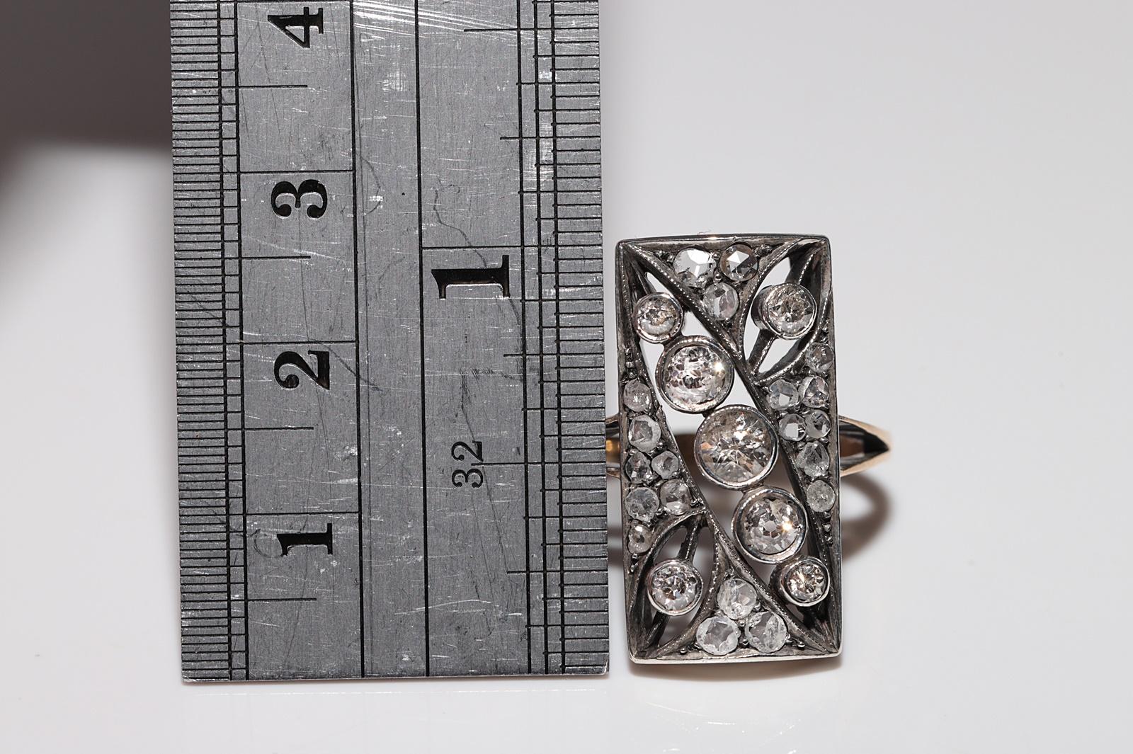 Victorien Antique Circa 1900s 14k Gold Top Silver Natural Diamond Rectangle Style Ring en vente