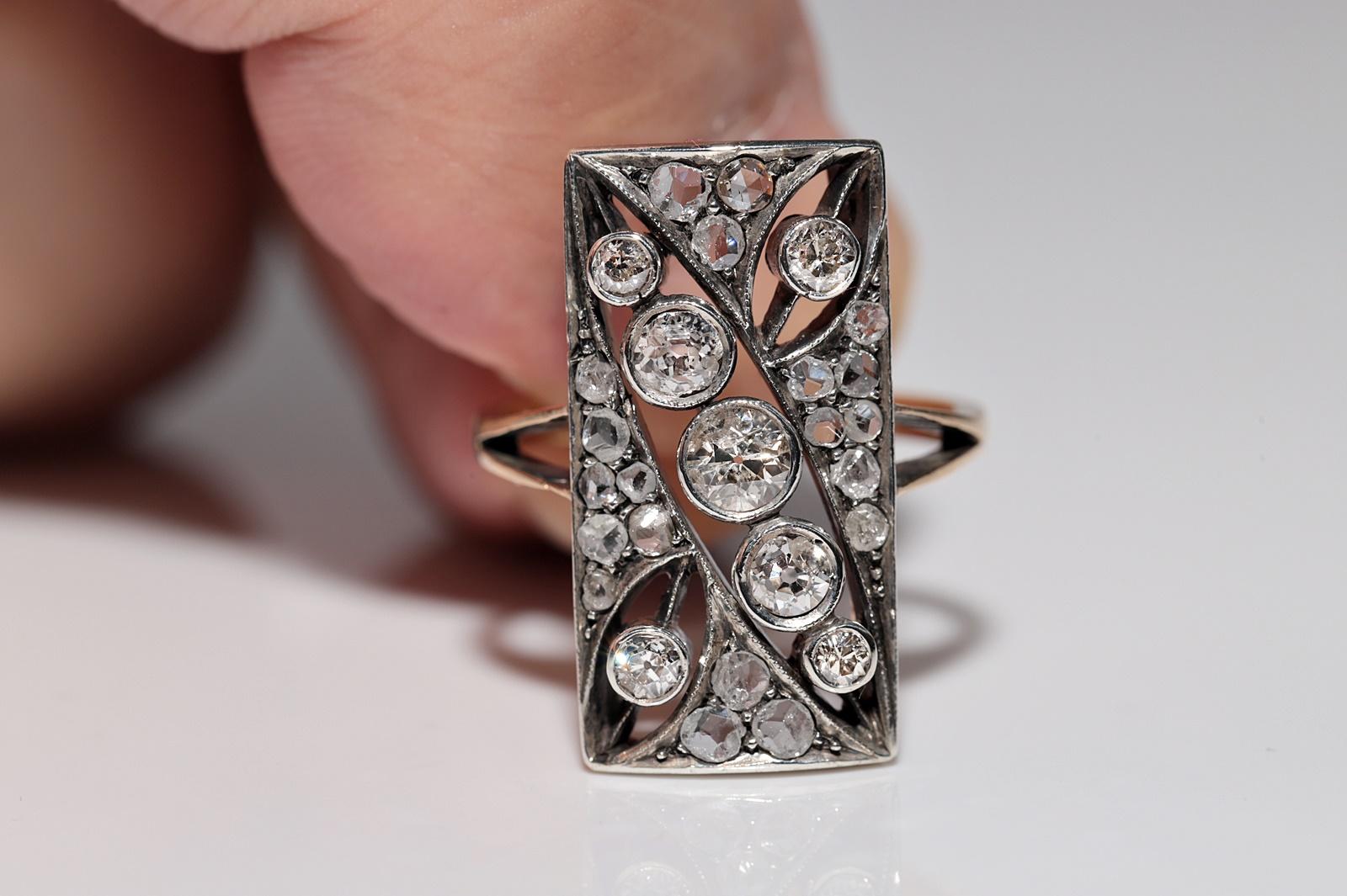 Taglio vecchia miniera Antico anello in stile rettangolo con diamante naturale, in oro 14k e argento, del 1900 circa in vendita