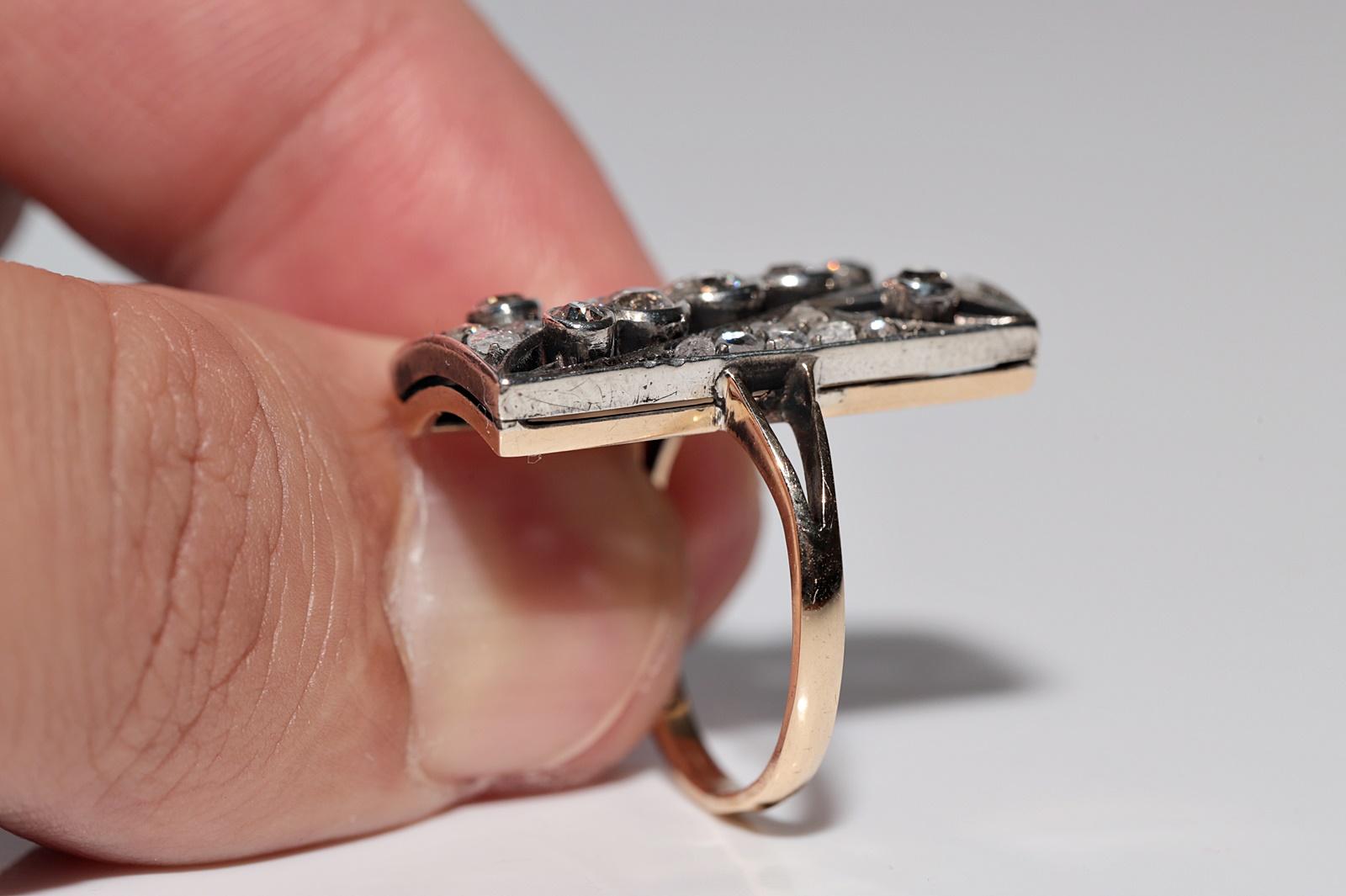Antique Circa 1900s 14k Gold Top Silver Natural Diamond Rectangle Style Ring Bon état - En vente à Fatih/İstanbul, 34