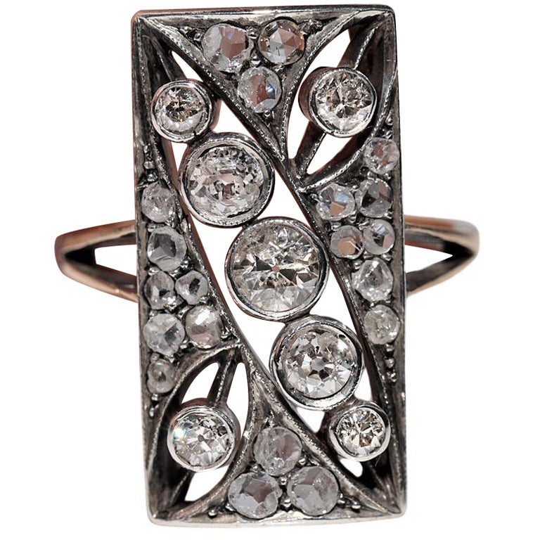 Antique Circa 1900s 14k Gold Top Silver Natural Diamond Rectangle Style Ring en vente