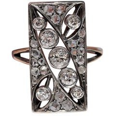 Antico anello in stile rettangolo con diamante naturale, in oro 14k e argento, del 1900 circa