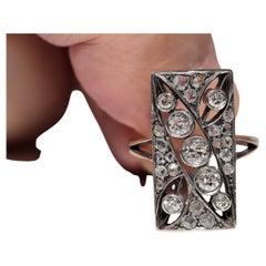 Antiker rechteckiger Ring im rechteckigen Stil, um 1900, 14k Gold Top Silber natürlicher Diamant