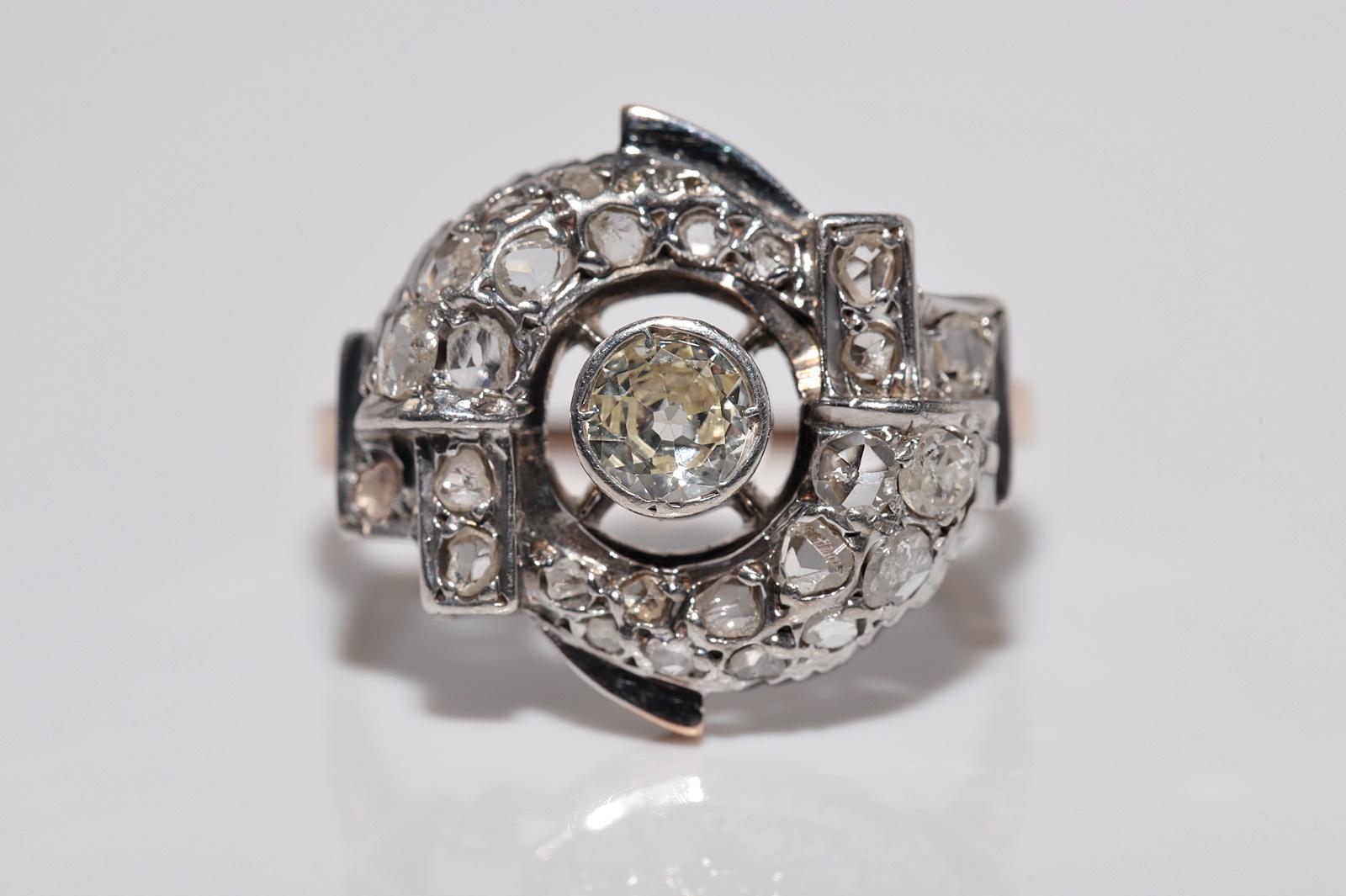 Victorien Antique Circa 1900s 14k Gold Top Silver Natural Diamond Wind Rose Design Ring en vente