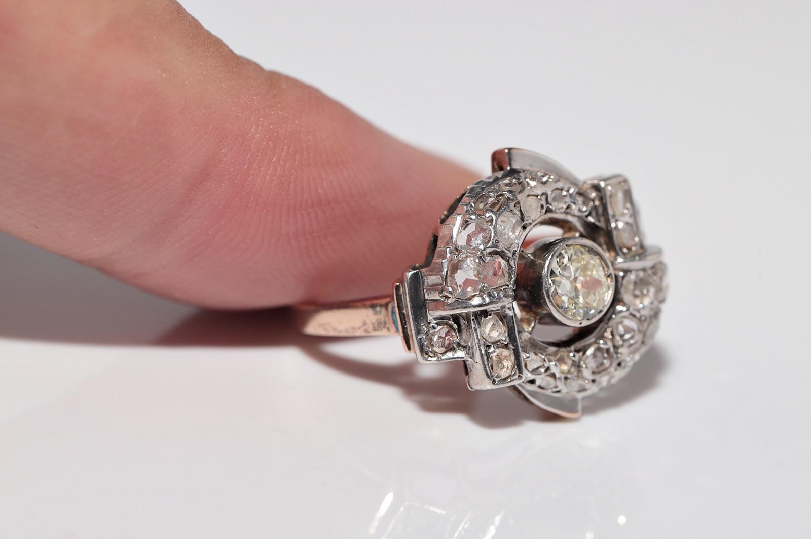 Antique Circa 1900s 14k Gold Top Silver Natural Diamond Wind Rose Design Ring Pour femmes en vente