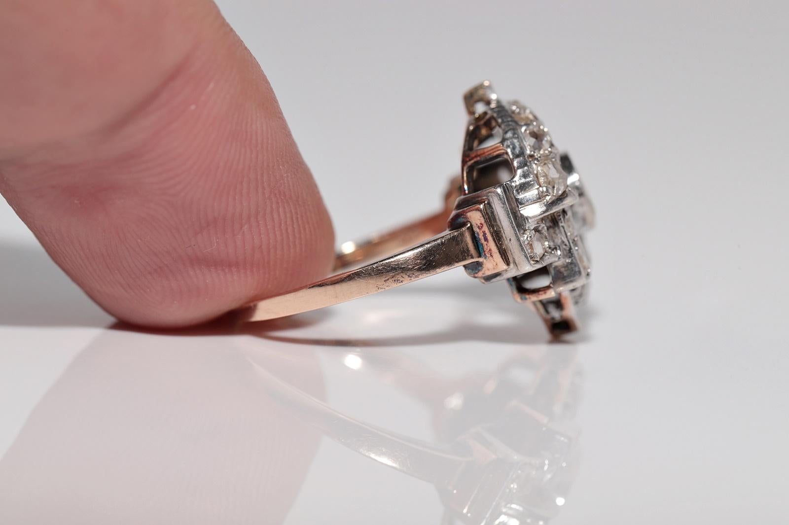 Antique Circa 1900s 14k Gold Top Silver Natural Diamond Wind Rose Design Ring en vente 1