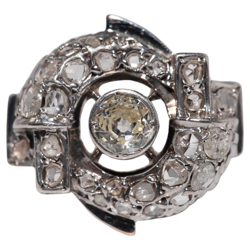 Antique Circa 1900s 14k Gold Top Silver Natural Diamond Wind Rose Design Ring en vente