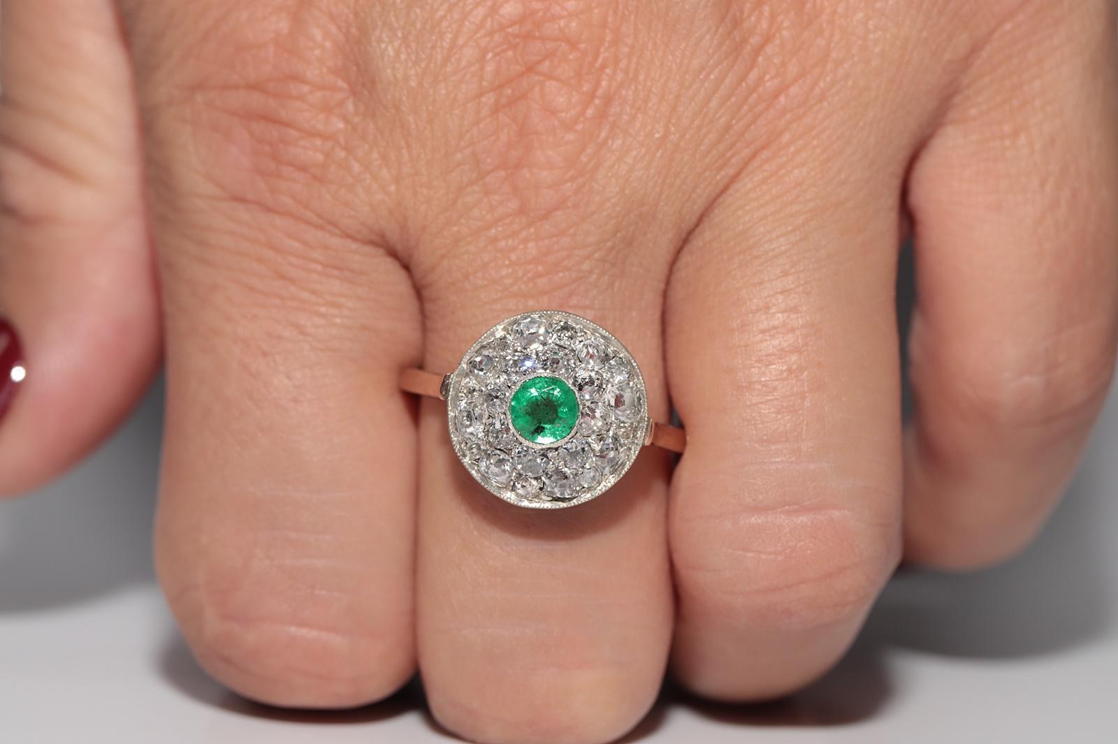 Anillo Antiguo Circa 1900s Oro 14k Plata Superior Diamante Natural Talla Antigua Y Esmeralda Talla antigua en venta