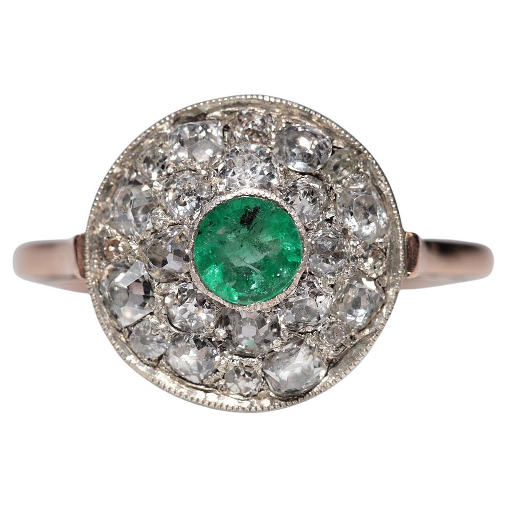 Anillo Antiguo Circa 1900s Oro 14k Plata Superior Diamante Natural Talla Antigua Y Esmeralda
