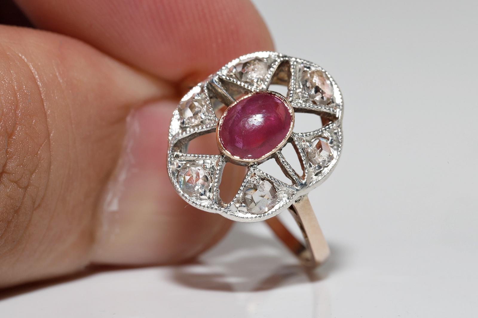  Circa 1900s 14k Gold Top Silver Natural Rose Cut Diamond And Cabochon Ruby Ring For Sale 6