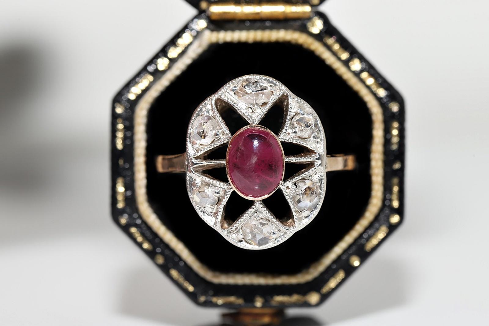  Circa 1900s 14k Gold Top Silver Natural Rose Cut Diamond And Cabochon Ruby Ring For Sale 11