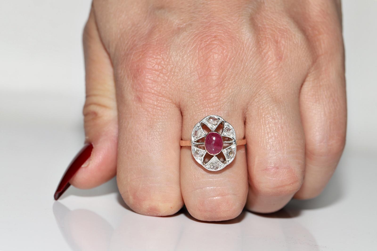 Victorian  Circa 1900s 14k Gold Top Silver Natural Rose Cut Diamond And Cabochon Ruby Ring For Sale