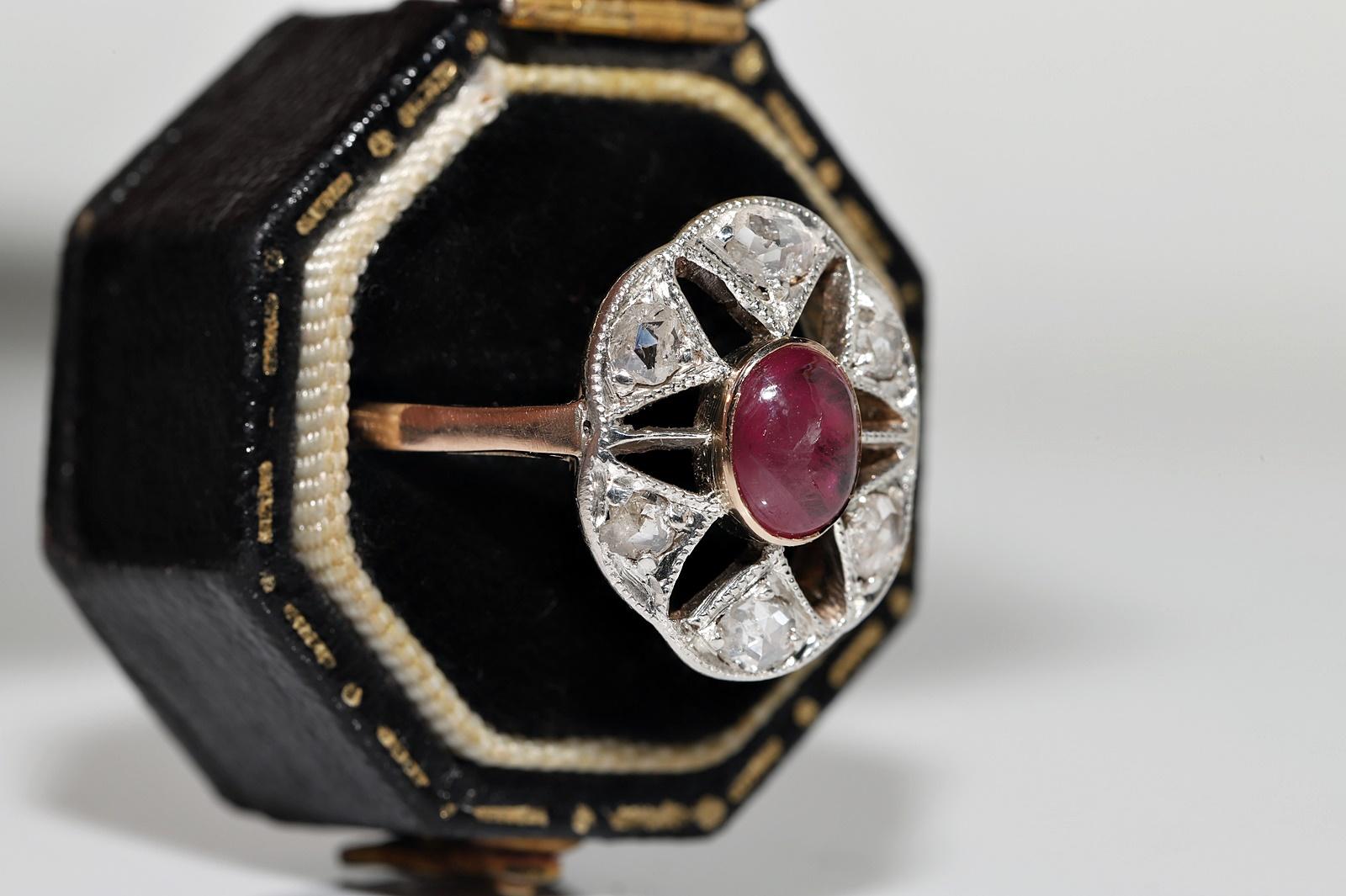 Women's  Circa 1900s 14k Gold Top Silver Natural Rose Cut Diamond And Cabochon Ruby Ring For Sale
