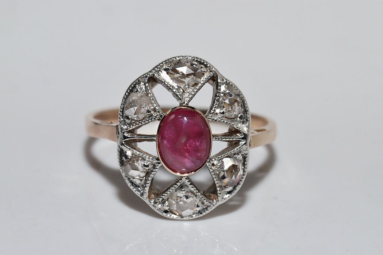  Circa 1900s 14k Gold Top Silver Natural Rose Cut Diamond And Cabochon Ruby Ring For Sale 1