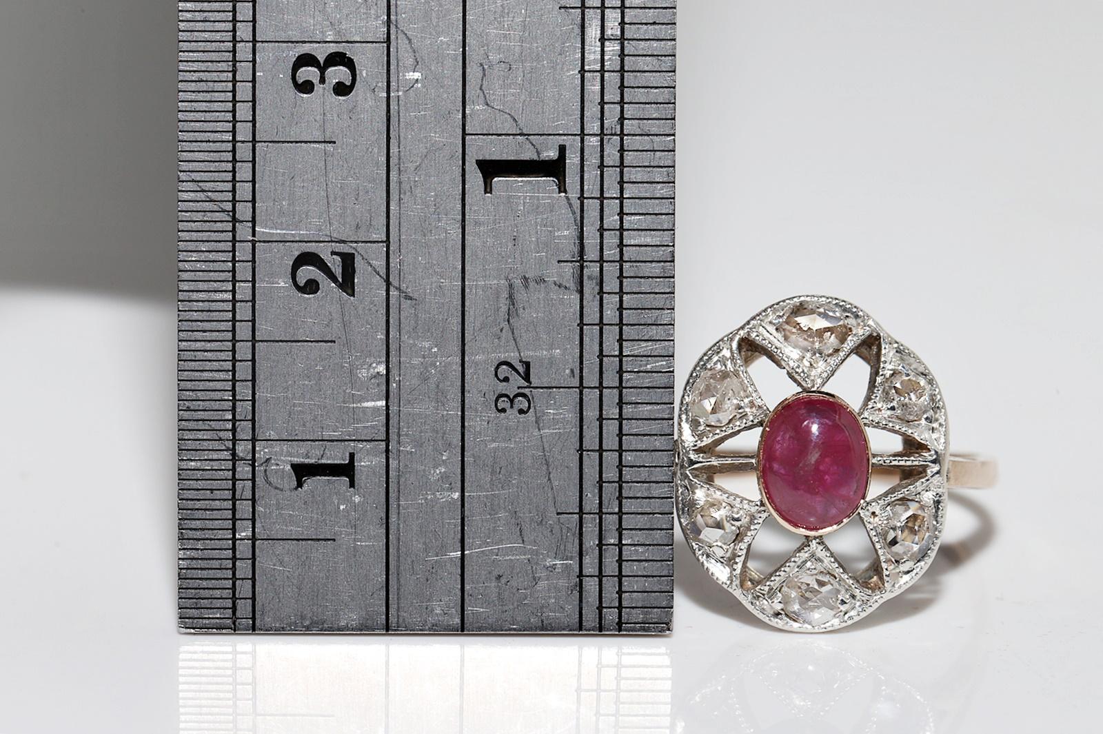  Circa 1900s 14k Gold Top Silver Natural Rose Cut Diamond And Cabochon Ruby Ring For Sale 2