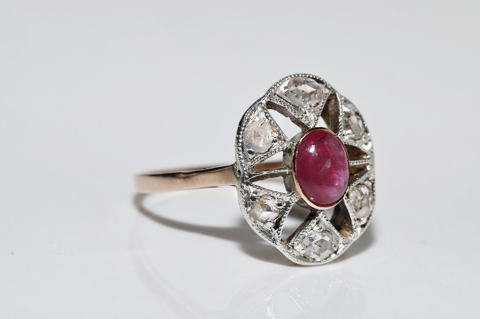  Circa 1900s 14k Gold Top Silver Natural Rose Cut Diamond And Cabochon Ruby Ring For Sale 3