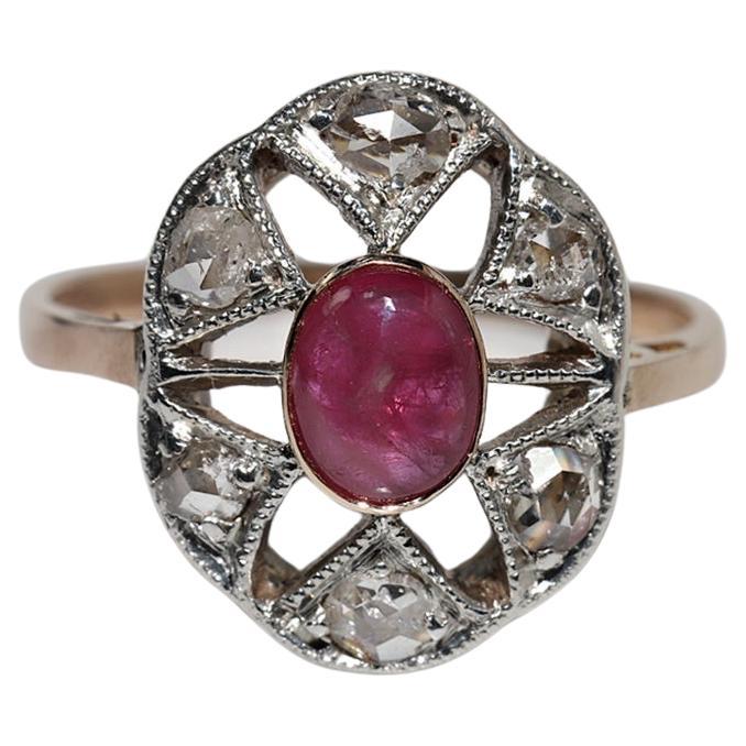 Circa 1900s 14k Gold Top Silver Natural Rose Cut Diamond And Cabochon Ruby Ring For Sale