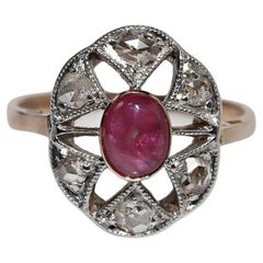 Antique  Circa 1900s 14k Gold Top Silver Natural Rose Cut Diamond And Cabochon Ruby Ring