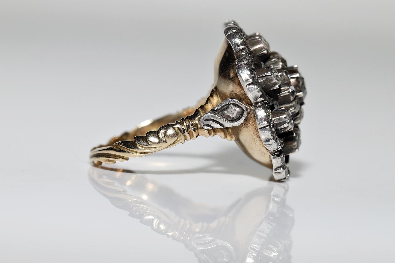 Antique Circa 1900s 14k Gold Top Silver Natural Rose Cut Diamond Cocktail Ring  For Sale 5