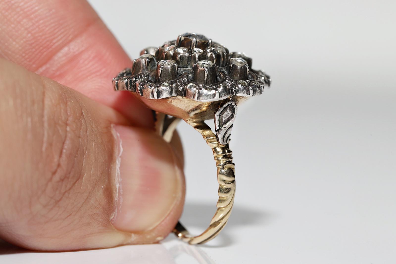 Antique Circa 1900s 14k Gold Top Silver Natural Rose Cut Diamond Cocktail Ring  For Sale 6