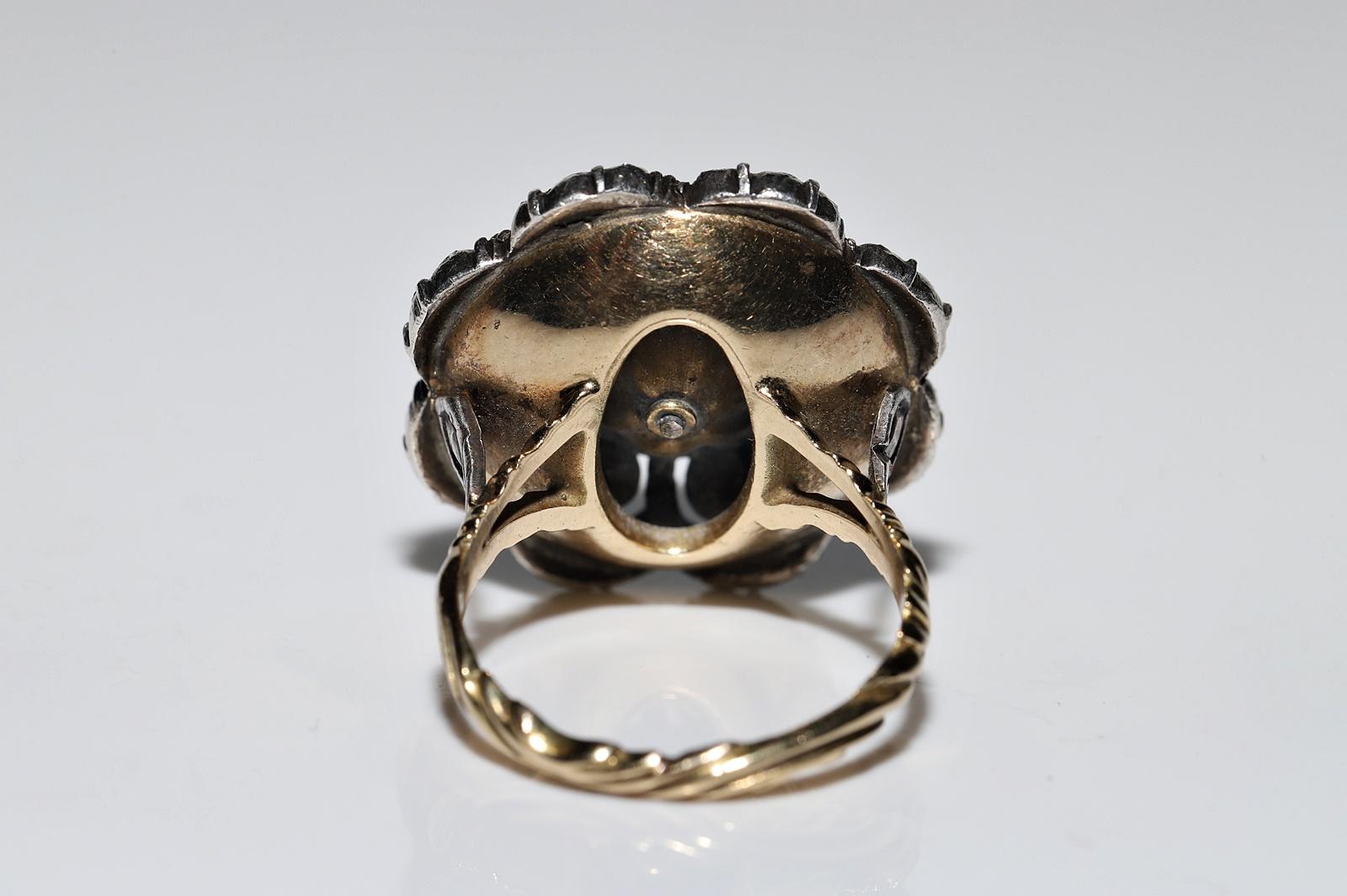 Antique Circa 1900s 14k Gold Top Silver Natural Rose Cut Diamond Cocktail Ring  For Sale 7